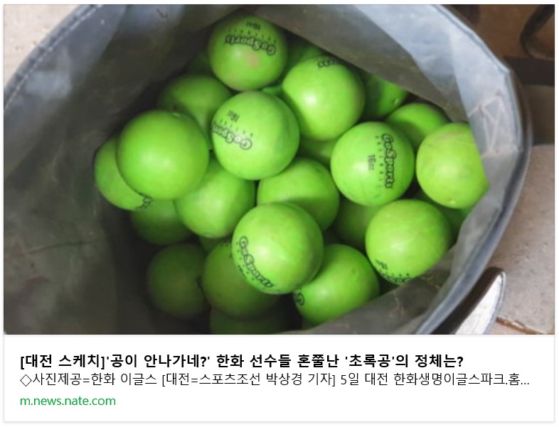 (기사) ‘공이 안나가네?’ 한화 선수들 혼쭐난 ‘초록공’의 정체는?